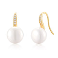 Natural Freshwater Pearl And Clear Cubic Zirconia Curved  925 Sterling Silver Hook Drop Earrings