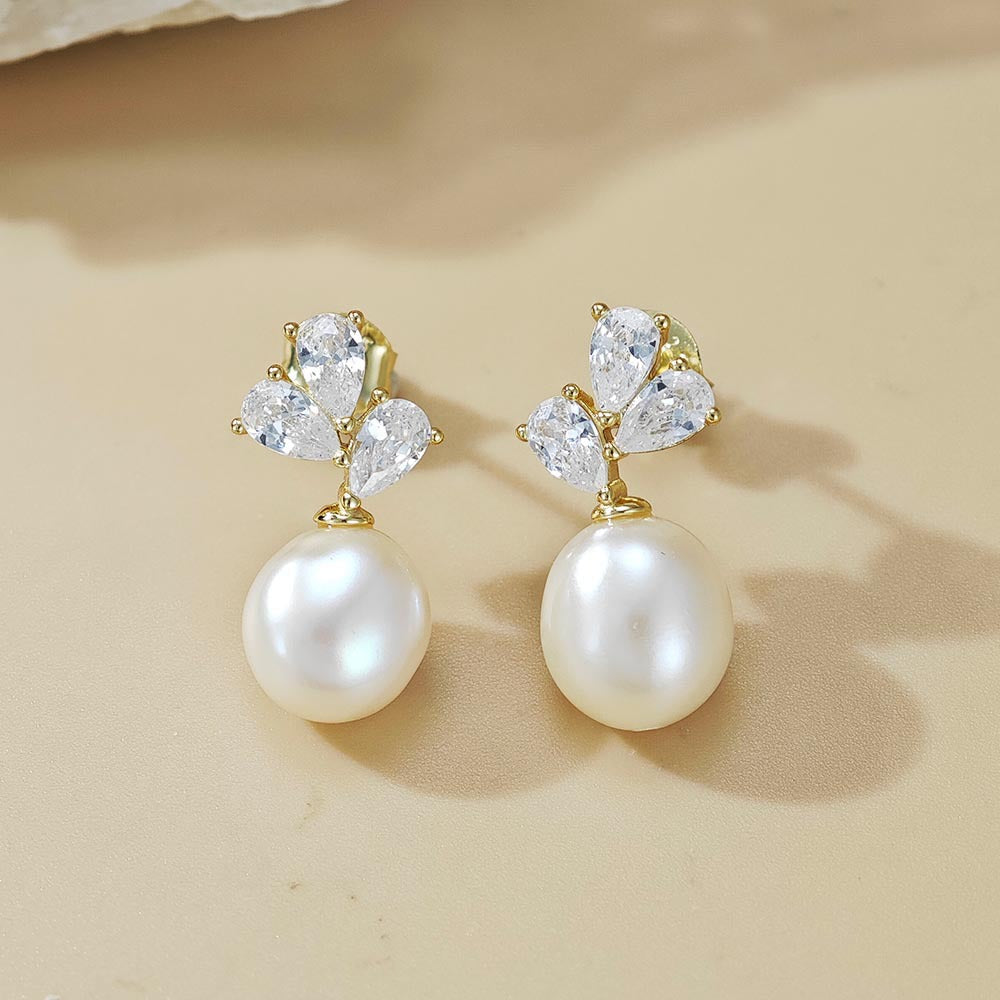 Natural Pearl And Clear Cubic Zirconia Three Petal Cluster  In 925 Sterling Silver  Drop Stud Earrings