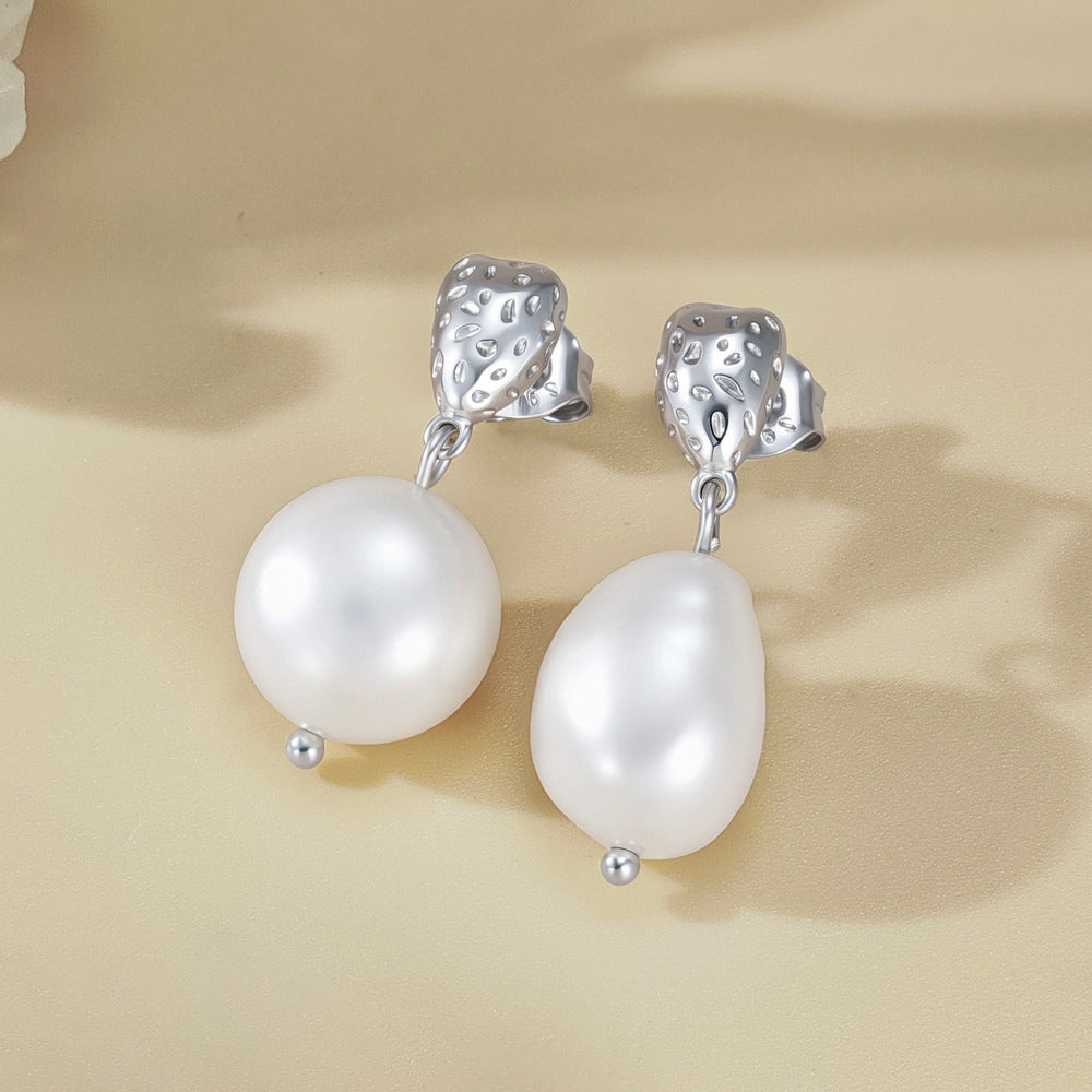 Natural White Baroque Pearl Textured Geometric 925 Sterling Silver Drop Stud Earrings